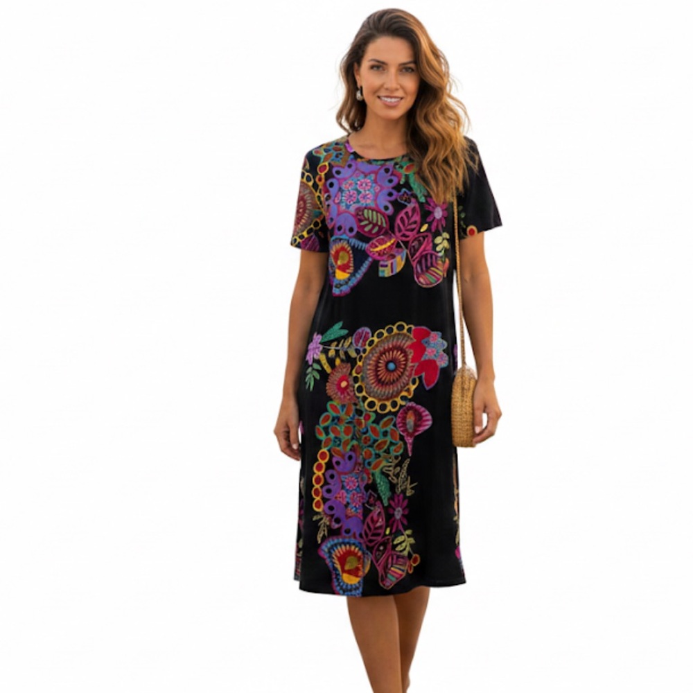 ❤ La Cera Bright Multicolor Artsy Floral Short Sleeve Trapeze Dress Pockets S